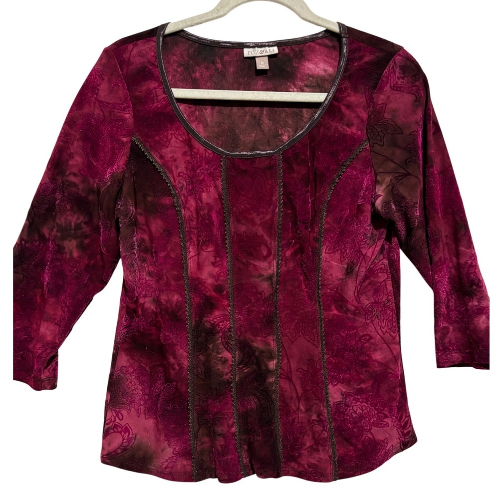 Roz & Ali Women 3/4 Sleeve Velvet Burnout Top Sz M maroon brown whimsigoth fairy